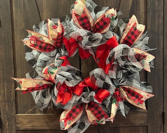 Christmas Wreath Ribbon And Mesh, Black, Red Buffalo Plaid, Linen Ribbon With Red Truck, Black, White Checkered Mesh, Handmade