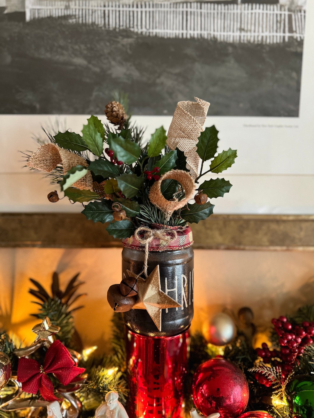 Farmhouse Glass Jar Floral Arrangement Hand Painted Jar With Etsy