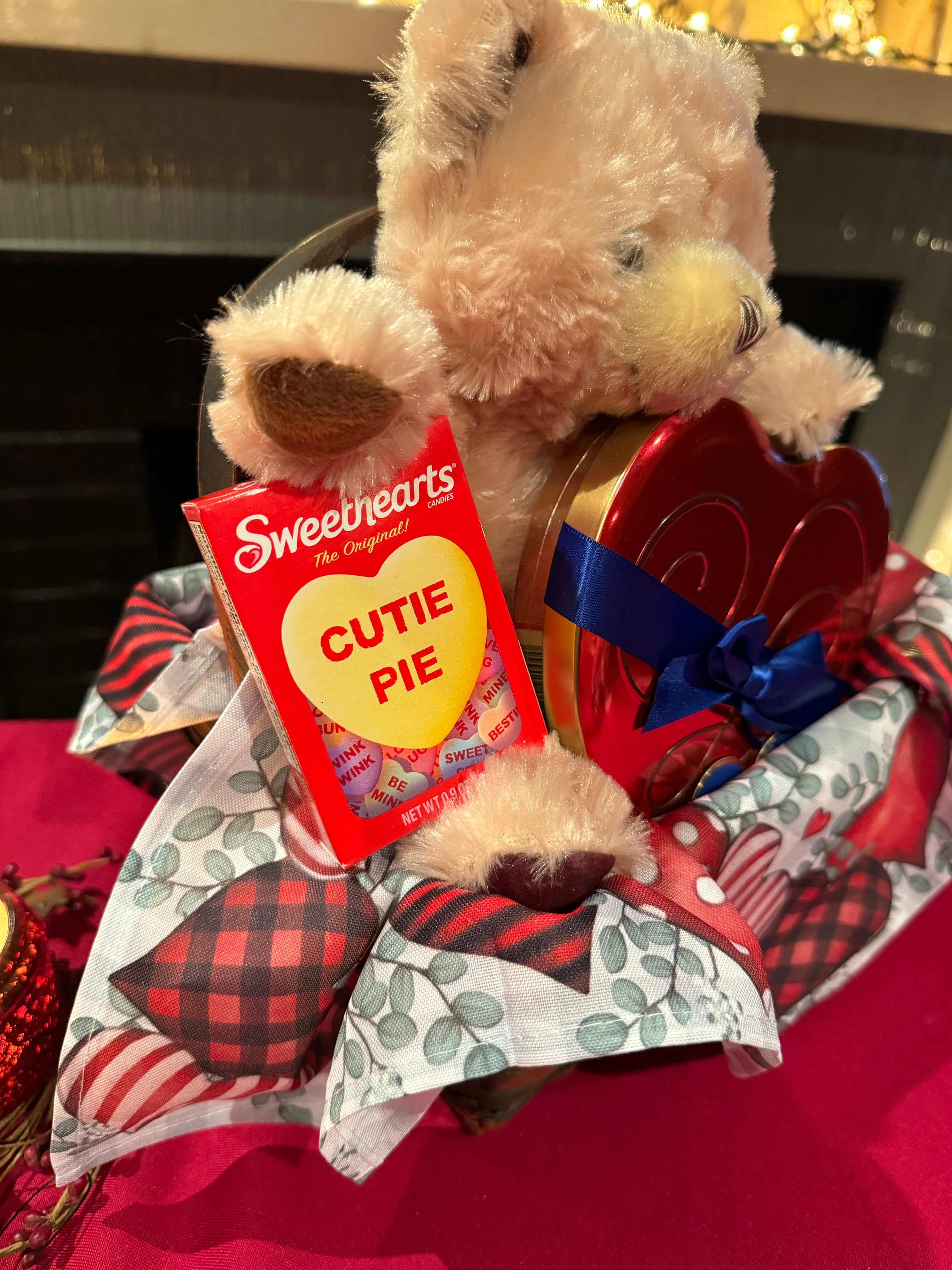 Valentine's Day Gift Basket With Dove Chocolates in Heart Shaped Tin, Teddy Bear, Hershey's