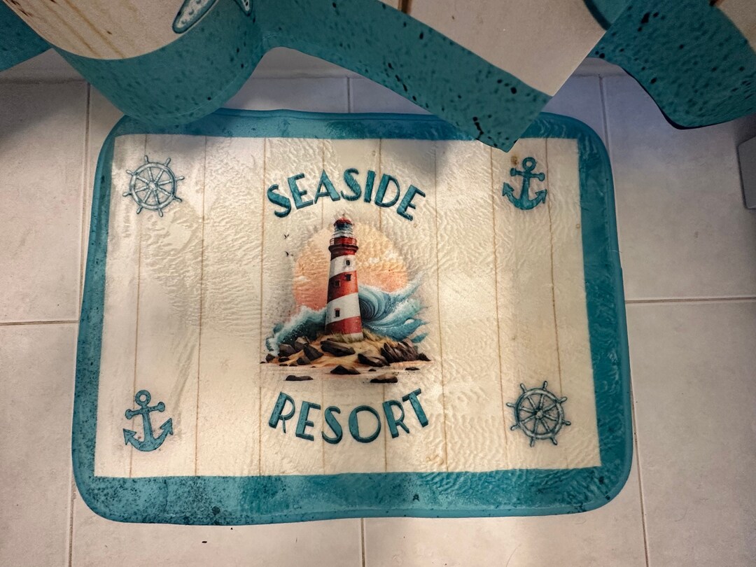 Lighthouse Bath Mat Sea Green, Lighthouse, Anchor; Coastal Vibe for ...