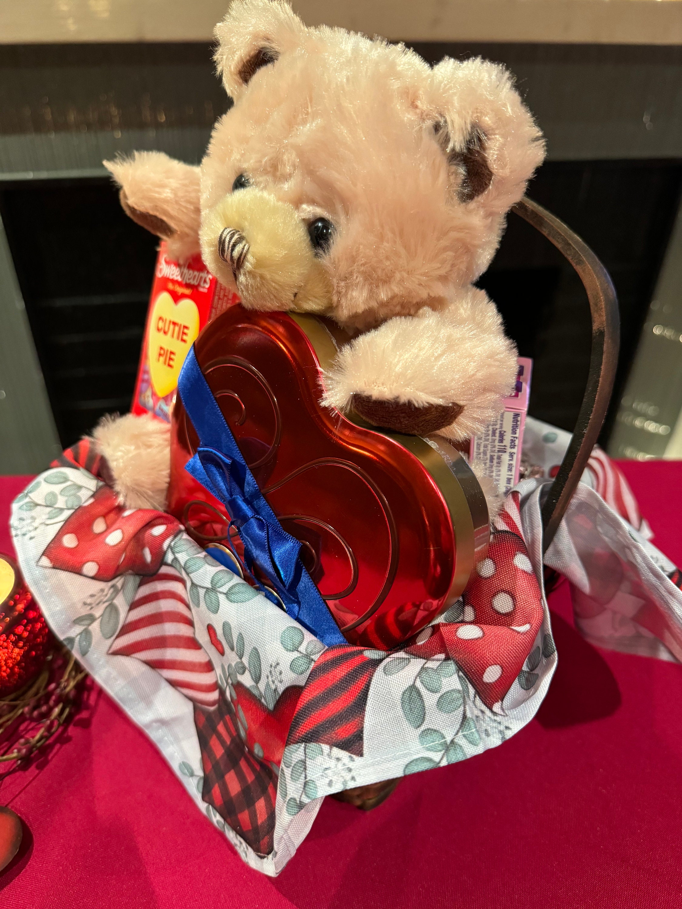 Valentine's Day Gift Basket With Dove Chocolates in Heart Shaped Tin, Teddy Bear, Hershey's