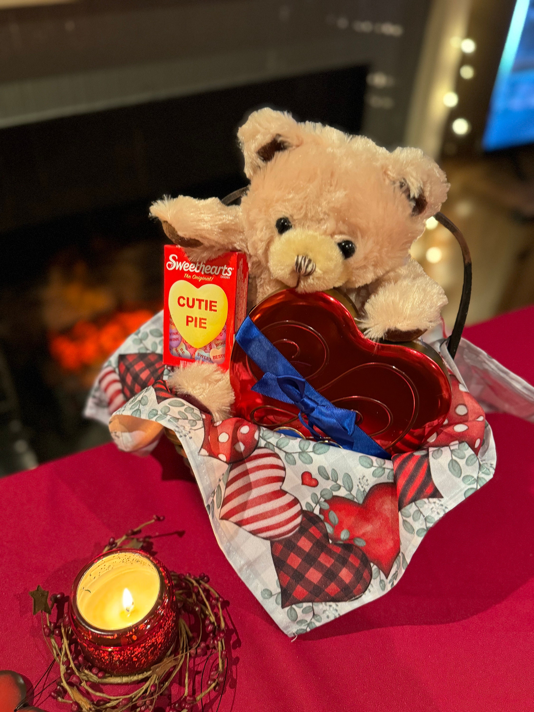 Valentine's Day Gift Basket With Dove Chocolates in Heart Shaped Tin, Teddy Bear, Hershey's
