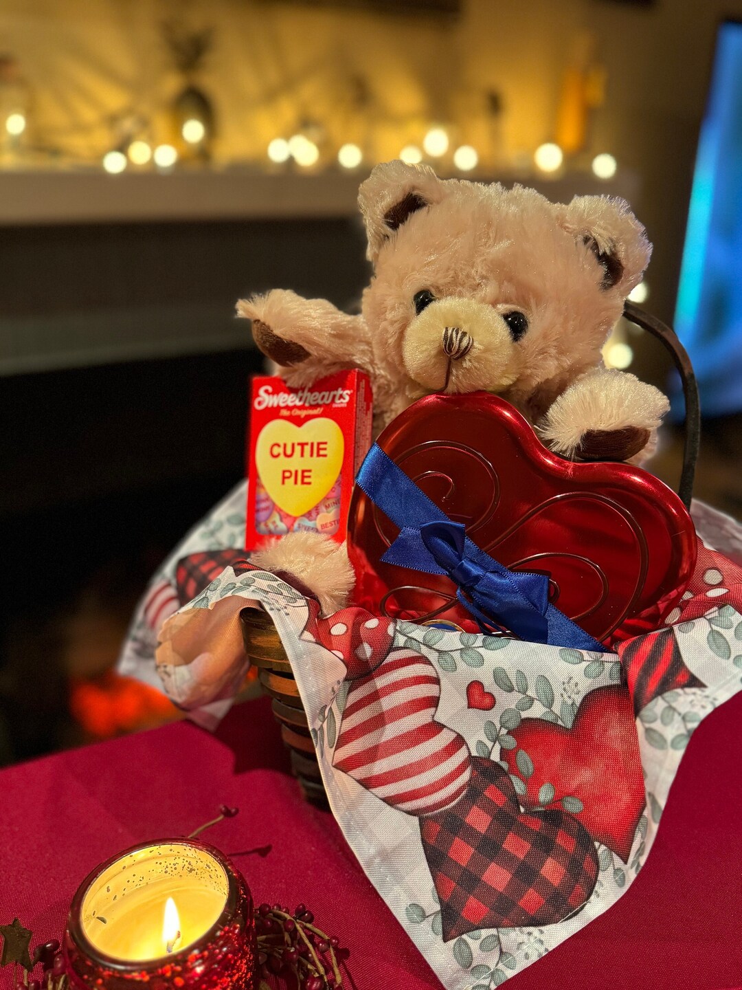 Dove Chocolate Commercial Teddy Bear Valentine's Day Gift Basket With Dove Chocolates in Heart Shaped Tin