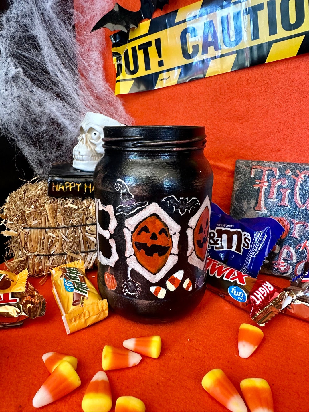 Painted Glass Jar, Halloween & Boo Hand Painted Flower Vase, Candy Jar, Pumpkins, Bats, Candy