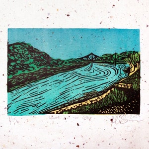 Original Limited Edition Woodcut, &quot;Home on the Ohio&quot; five-color hand-printed block print on Thai paper