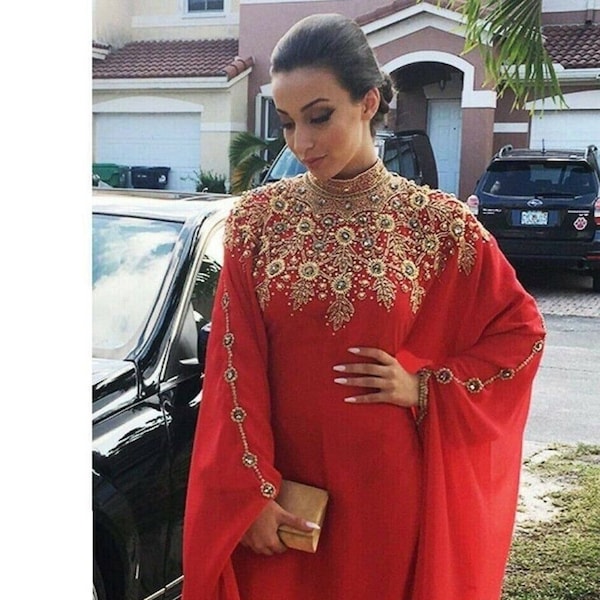 SALE!! New Red Islamic Modern Elegant Dubai Moroccan caftan Arabic Party Wear Beach Kaftan Farasha Maxi Floor Length Takshita Wear Dress