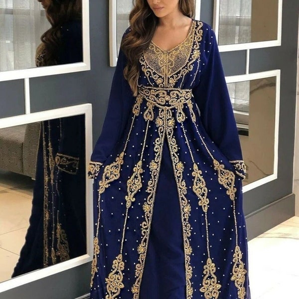 Dubai Moroccan Kaftan Arabic Abaya Maxi Hand Beaded Caftan Farasha Floor Length Party Wear Wedding Gown Beach Stylish Jellabiya Women Dress