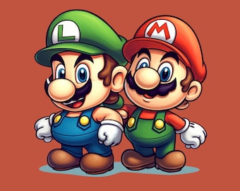 Chibi Mario & Luigi PNG: Studio Ghibli Style Gamer Art (Digital Download)