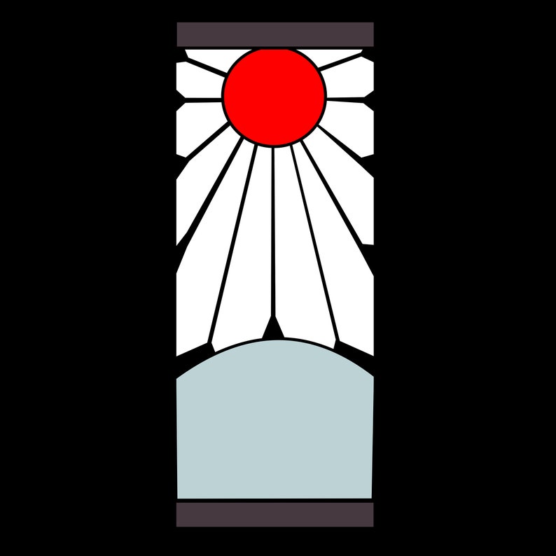 May include: A white and black patterned symbol with a red circle in the center. The symbol is surrounded by a black border.