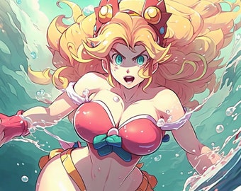 Princess Peach Manga Art: Super Mario Swimming PNG (Digital Download)