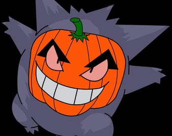 Charming Gengar with Pumpkin Face Paint for Halloween and Fall SVG and PNG, Pokémon Digital File, Gengar DTG Design, transparent background