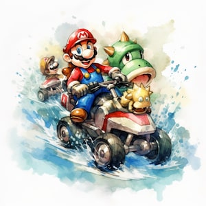 Mario Kart Water Color Clip Art PNG, Super Mario Brothers, Mario Shirt Design, Water Color ClipArt PNG, DTG, Sublimatie, Zeefdruk