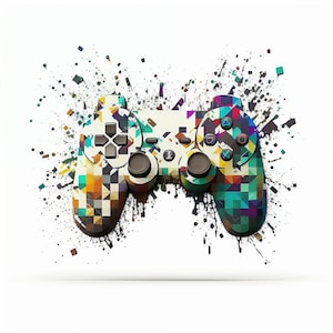 May include: A colourful video game controller with a geometric pattern design. The controller is surrounded by a white background with black paint splatters.