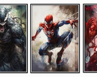Könnte beinhalten: Drei Comic-Charakter-Illustrationen. Die erste ist eine Schwarzweiß-Illustration von Venom, einem symbiotischen Außerirdischen. Die zweite ist eine farbige Illustration von Spider-Man in einem rot-blauen Anzug mit einem britischen Flaggen-Design. Die dritte ist eine rot-weiße Illustration von Carnage, einem symbiotischen Außerirdischen.