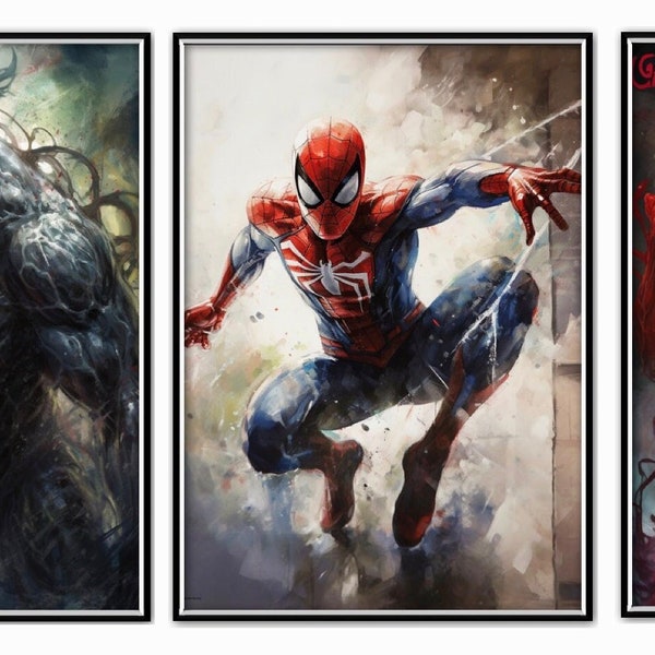 3 Superhero Prints, Venom, Carnage, Spiderman, Superheld, Wandkunst, Superheld Poster, Zimmerwanddekoration, Kinderzimmer, Superheld, Jungenzimmer