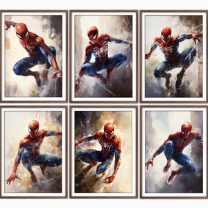6 Spiderman Wall Art, Superhero prints, Spiderman kunstdruck, spiderman png, spiderman poster, boys room decor, digital art, wall art