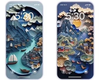 Quilling Art iPhone Wallpaper: Mountain Village Mobile Background (Digital Download)