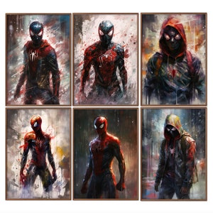 6 Spiderman Wall Art, Superhero prints, Miles Morales, spiderman png, spiderman poster, boys room decor, digital art, wall art