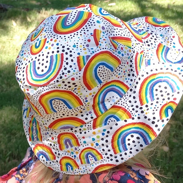 Bucket hat style Sun hat for toddler in colourful rainbow print Genuine Handmade