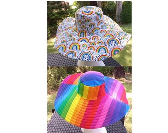 Very wide 16cm brim sun/beach hat colourful handmade Rainbow Reversible 56 cm