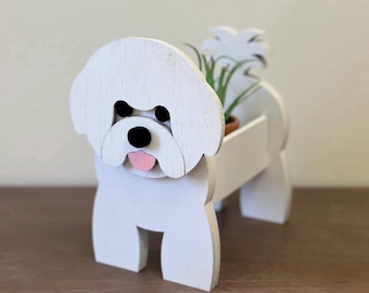 Bichon Frise Mini Wooden Succulent Flower Planter Box Small Desktop Model