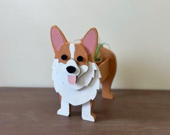 Corgi Planter, Painted Plywood Succulent Holder for Two 2-Inch Pots