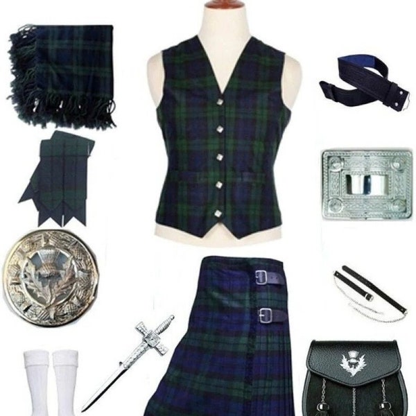 11 PCS Kilt Set with 5 Button Tartan Vest. Various Tartan Options - Scottish Traditional Outfit Highland, Scottish Weeding Kilt Sets For Men