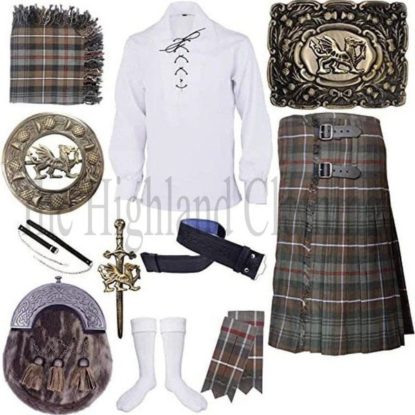 Mens Kilt Outfit 5 Yard Kilt Vest Shirt Outfit Scottish Highland Wedding Dress Kilts Set Highland Bagpipes Kilts Set in Different 40 Tartan