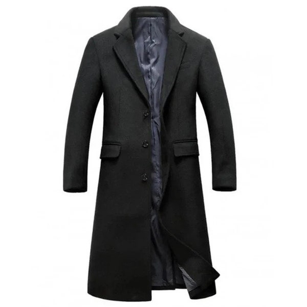 Men's Black 100% Wool Overcoat Winter Long Coat Male Casual Coat - Windbreaker Men's Outwear Coat - black coat for men - men's wool overcoat