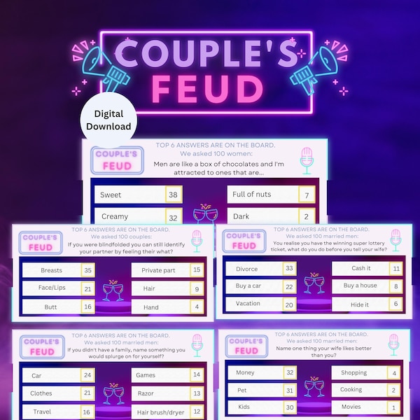 Printable Couple Feud, Family Feud, Game night, Date night games, Couples game night, trivia questions, valentine's day, anniversary gifts