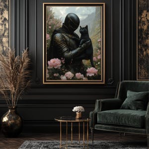 Mittelalterlicher Ritter hält Katze, Mittelalterlicher Kern, Fantasy Kunst, Mythische Kunst, Magische Kunst, Ritter Poster, Dark Academia Drucke, digitaler Download