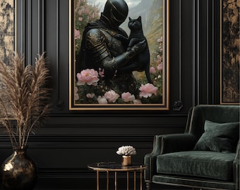 Medieval Knight with Cat Art Print: Fantasy Knightcore Decor (Digital Download)