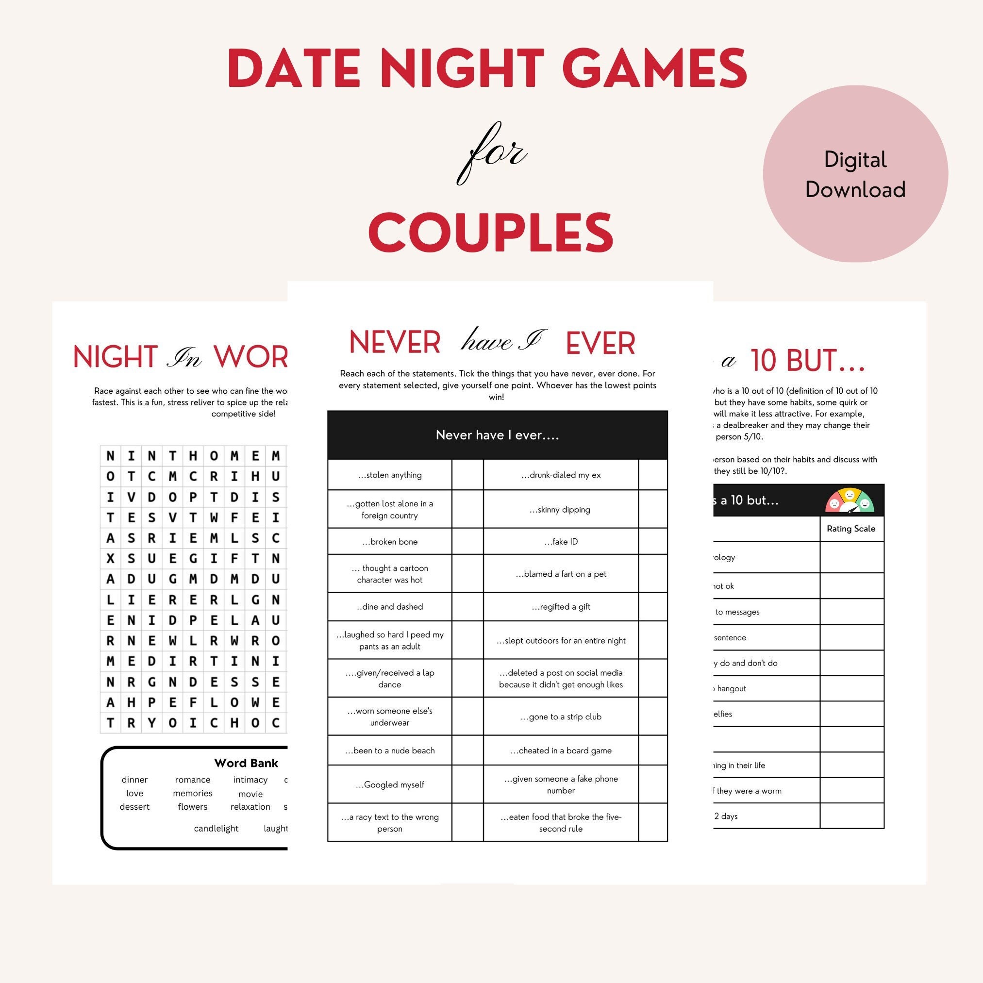 Printable Couple Date Night Games, Valentine's Day Games, Date Night Ideas,  Relationship Games, Couple Games, Couple Date Guide, Anniversary 