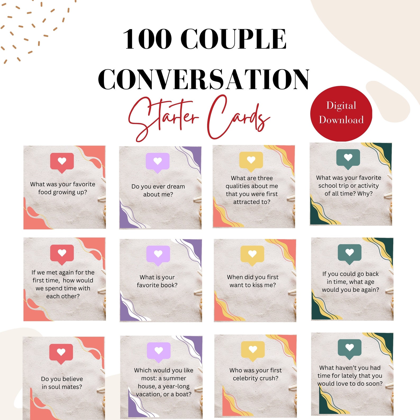 Printable Couple Conversation Starters Cards, Couple Questions Card