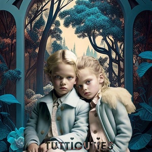 May include: Two young girls wearing light blue coats with fur trim stand in front of a blue and green archway. The girls are looking at the camera. The text "TUTTICUTIES" is visible at the bottom of the image.