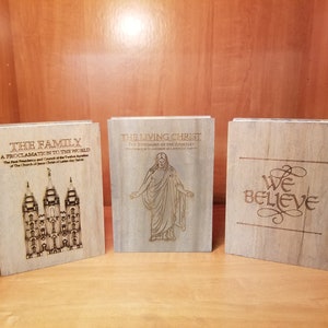 Proclamation on the Family, Living Christ, Articles of Faith, Mantle Display / Table / Dresser Display - Wood Books - Engraving