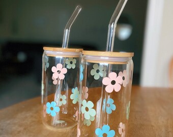 Glass Coffee Cup | Daisy & Flower Cup | Iced Coffee Beer Cup
