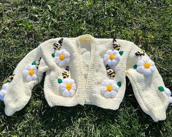 Knitted Cardigan for Women, Bee and Daisy Cardigan, Honey Bee Daisy Cardigan, Crop Handmade Flowers Sweater, Bee and Daisy Shaped Knitted