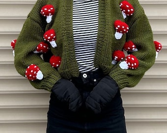 Mushroom Cardigan For women,Handmade Crop Muhsroom,Knit Crochet Sweater,Soft Mushroom Cardigan,Red Mushroom,Gift For Her,Valentines day gift