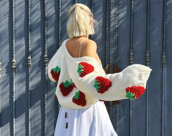 Handmade Knit Strawberry Cardigan For Women,Crochet Crop Sweater,Cozy Fruity Jacket