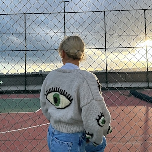 Eye Cardigan For Women,Eye Shaped-Pattern,Crochet EyeTurkish Handmade Knit Cardigan,Eye Evil Crop,Crochet Chunky Sweater,Gifrt,Eye Cardigan