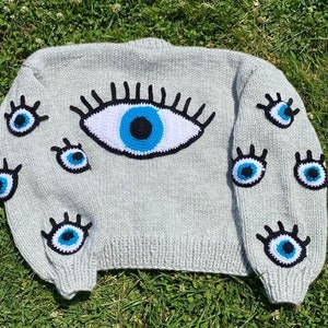Eye Cardigan For Women,Chunky Eye Shaped-Pattern,Handmade Knit Cardigan,Crop Eye Evil Crop,Crochet Chunky Sweater,Gifrt,Eye Cardigan