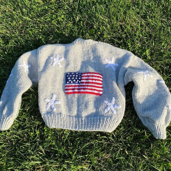 Cardigan For Women,Handmade American Flag Patterned Sweater,Cropped Crochet Sea Star Cardigan,American Flag Patterned Cardigan