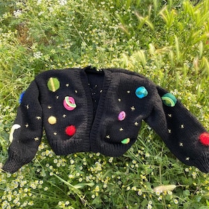 Handmade Galaxy Cardigan,Star Cardigan,Chunky Knit  Sweater, Cosmic Crochet Jacket, Oversized Boho Cardigan, Colorful Space-Themed Outerwear