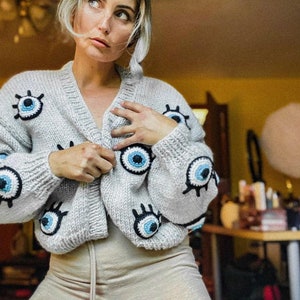 Eye Cardigan For Women,Chunky Eye Shaped-Pattern,Handmade Knit Cardigan,Crop Eye Evil Crop,Crochet Chunky Sweater,Gifrt,Eye Cardigan