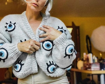 Eye Cardigan For Women,Chunky Eye Shaped-Pattern,Handmade Knit Cardigan,Crop Eye Evil Crop,Crochet Chunky Sweater,Gifrt,Eye Cardigan