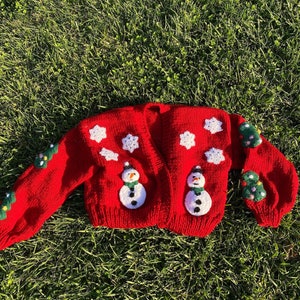 Snowman Cardigan,Christmas Gift,Handmade Snowman and Pine Tree Crop Cardigan For Women,Santa Claus,Red Crochet Christmas Fancy image 2