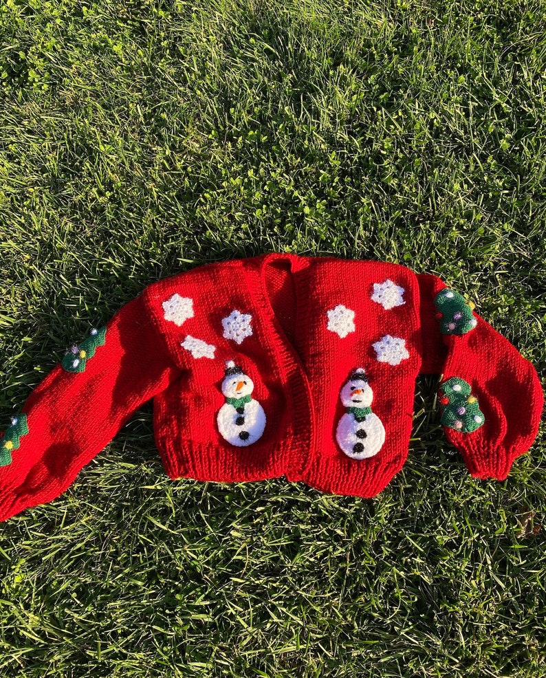 Snowman Cardigan,Christmas Gift,Handmade Snowman and Pine Tree Crop Cardigan For Women,Santa Claus,Red Crochet Christmas Fancy image 2