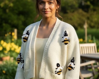 Handmade Chunky Knit Bee Cardigan: Oversized Bumblebee Sweater,Crop Crochet