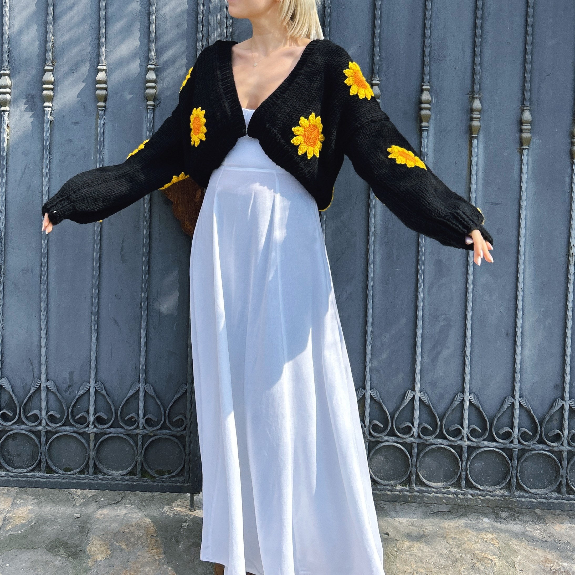 Handmade Crochet Sunflower Pattern Cardigan,boho Pullover Chunky